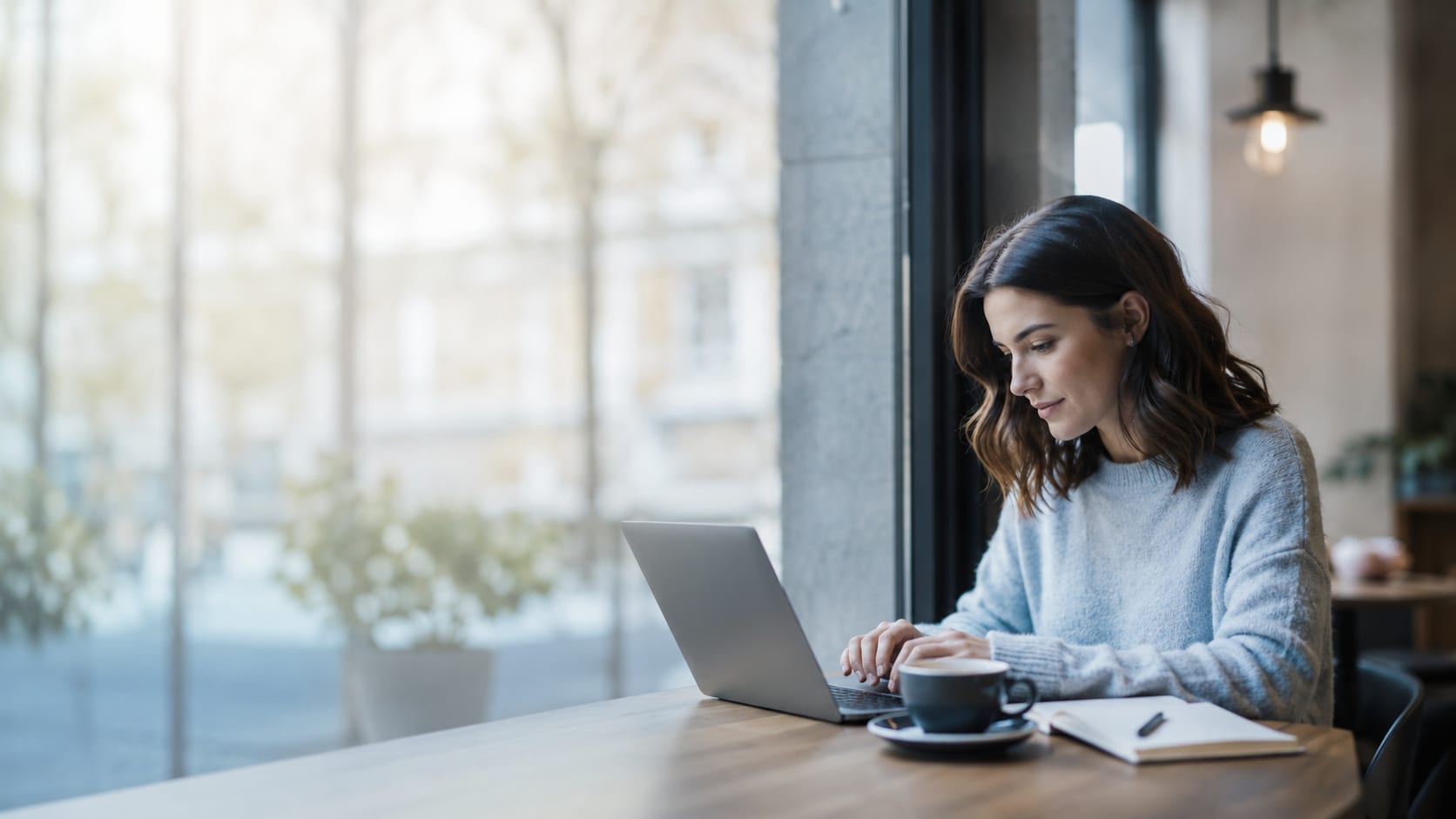 A marketer working calmly on a laptop in a bright cafe