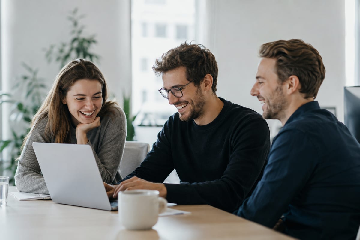 A small marketing team working together at a laptop